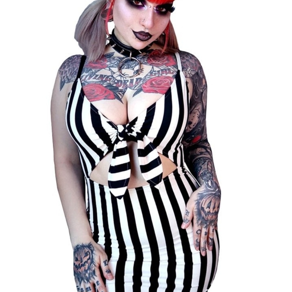 Black and White Striped Cutout Bodycon Beetle Dress Forest Ink